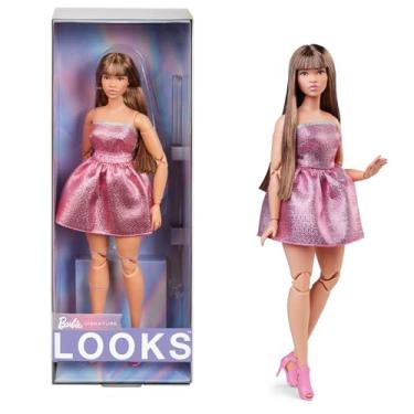 Imagem de Barbie Signature, Boneca Looks Nº 24 com Cabelo Castanho de Coleção, Moda Y2K, Vestido Tomara-que-Caia Rosa Brilhante com Saltos Peep Toe