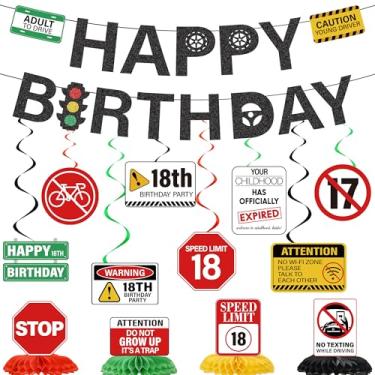 Imagem de 18th Birthday Decorations Boys Banner - 14 Pcs Glitter New Driver Banner Swirls Drivers License Caution Logos Traffic Signs Honeycomb Centerpieces Table Decor For Boys Girls 18 Year Old Party Supplies
