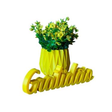Imagem de Vaso Decorativo Formato Geométrico Palavra Gratidão Decoração Minimalista Plantas e Suculentas(Amarelo)
