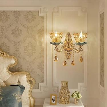 Imagem de Luminária de parede de cristal de luxo europeia, moderna, com LED, para decoração de sala de estar, quarto, escritório, quarto modelo, hotel, casa de campo, corredor (H 2 lâmpadas, 1 unidade