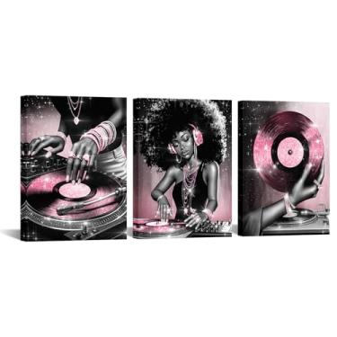Imagem de Nachic Wall Arte de parede de menina negra mulheres afro-americanas impressões moda rosa e cinza DJ música decoração cada painel 30,5 x 40,6 cm (rosa)