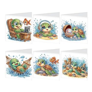 Imagem de SHEGZHUC Pacote com 6 cartões de presente com pintura de diamante tartaruga e peixinho dourado, kits de arte de diamante para animais adultos, aniversário de casamento, aniversário, felicitações
