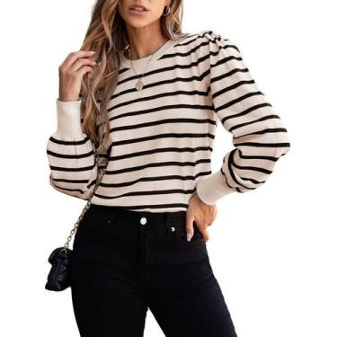 Imagem de Suéter feminino Dokotoo, manga comprida, gola redonda, bloco colorido