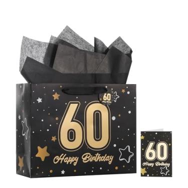 Imagem de Bolsa de presente de aniversário de 60 anos preta de 33 cm com lenços e cartões, adequada para festas de aniversário e comemorações de aniversário. Bolsa de presente de tamanho médio (1 peça preta)