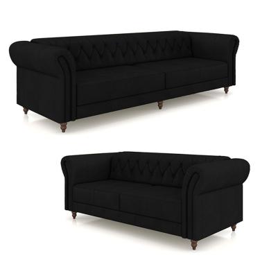 Imagem de Conjunto De Sofá Stanford Chesterfield 2 E 3 Lugares 180cm-260cm Pés Madeira Couro Preto G58 Gran Belo