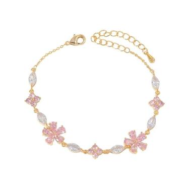 Imagem de Pulseira de elos de corrente de flor de cerejeira de cristal rosa para mulheres banhado a prata dourado moda fofa delicada pétala floral Sakura pulseiras ajustáveis doces delicadas joias finas