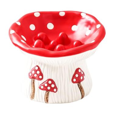 Imagem de AEIOUO Tigelas de cerâmica elevada para comida e água, tigela para gatos com cogumelo vermelho com pés salientes, altura elevada para gatos, prato de comida rasa com bigode