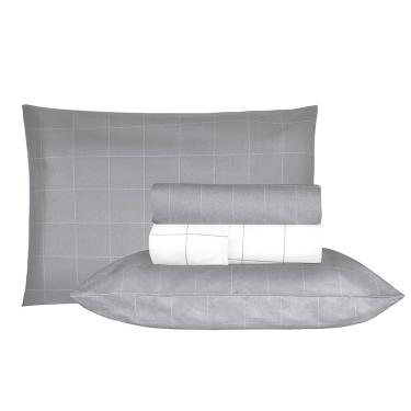 Imagem de Jogo de Cama Duplo Casal 4 Peças Percal 180 Fios Grid Cinza Sonhare Prata