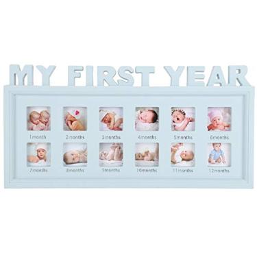 Imagem de Moldura para foto, exibição de fotos de bebê, recém-nascido, primeiro ano, lembrança, presente para berçário, decoração de parede, retângulo de plástico azul claro, 20,1 x 40,7 cm