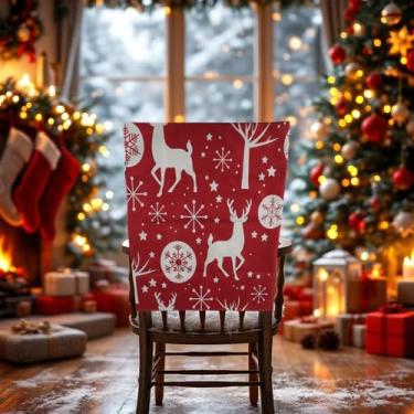 Imagem de 1 capa para cadeira de jantar, estampa de globo de neve, linho vermelho, 58 x 49 cm
