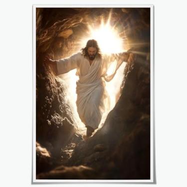 Imagem de Jesus Leaves The Tomb Christian Wall Art Jesus Wall Decor for Prayer Room Religious Poster He Is Risen Impressão em tela Inspiradora Bíblia Arte Vintage para Casa Igreja Escritório 30 x 45 cm Sem