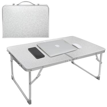 Imagem de Mesa Dobravel Sofa Cama Notebook Aluminio Vira Maleta Portatil Suporte Home Office Refeicao Estudos Tampo Madeira Luxo