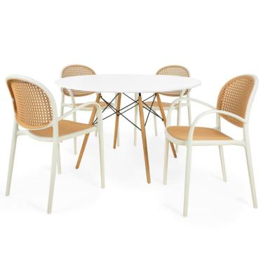 Imagem de Conjunto Mesa De Jantar Redonda Eiffel Branca 120cm Com 4 Cadeiras Roma Com Braço - Bege