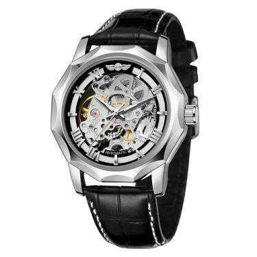 Imagem de WENFVVIN Relógio de pulso masculino automático esqueleto mecânico numeral romano dodecágono com pulseira de couro genuíno, Prata