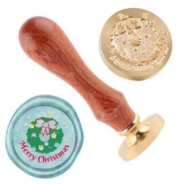 Imagem de Carimbo de lacre de cera de Natal Guirlandas de Natal carimbo de latão e uma alça de madeira carimbos cabeça para cartões de natal convites de festa carta envelope cartões de felicitações presentes