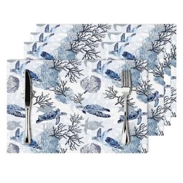 Imagem de Conjunto de 4 jogos americanos de linho com tema oceano, azul e branco, tartaruga, coral, resistente ao calor, lavável, antiderrapante, mesa de jantar, presente para amantes da vida marinha, praia