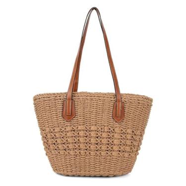 Imagem de Bolsa de ombro feminina de palha grande de tecido de vime, bolsa de praia feita à mão com fecho de zíper, Caqui, One Size