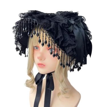 Imagem de [NUEAYMS] Boné de renda punk feito à mão com laço preto e acabamento de franja design de gravata ajustável chapéu de renda cosplay evento