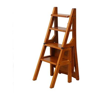 Imagem de Banqueta de madeira, escada dobrável de madeira maciça, banco de cadeira, multifunções para prateleiras, biblioteca doméstica, 4 degraus (D) (B)