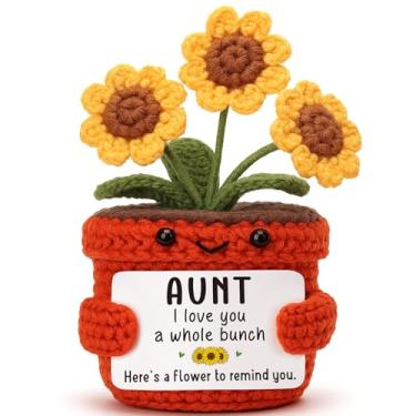 Imagem de YUEYUQIU Presentes para tia da sobrinha, I Love You a Whole Bunch Girassóis de crochê, decoração de flores em vaso feita à mão para mulheres, aniversário engraçado do dia das mães para tia, melhor tia