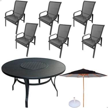 Imagem de Mesa De 1,40m + 6 Cadeiras Para Área Externa + 1 Guarda Sol de Piscina