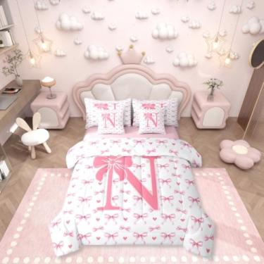 Imagem de Erosebridal Conjunto de edredom solteiro com letra N com 7 peças, laço rosa e nó rosa em uma bolsa, para crianças, meninos, meninas, monograma, estilo princesa sonhadora, conjunto de lençol com
