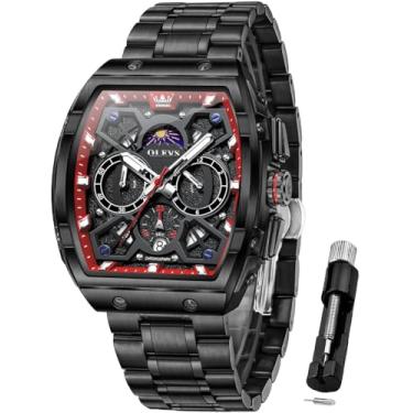 Imagem de OLEVS Relógio de pulso masculino quadrado de aço inoxidável à prova d'água luminoso em dois tons de quartzo, analógico, quartzo, data e diamante, G2942 - vermelho e preto, G2942-red black, relógio