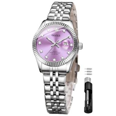 Imagem de OLEVS Relógio feminino clássico número de vestido feminino para mulheres, analógico, quartzo, aço inoxidável, à prova d'água, 3705: pulseira prata e mostrador roxo, Tendência