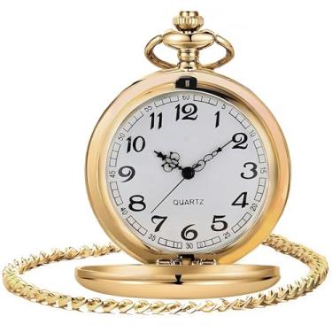 Imagem de LYMFHCH Relógio de bolso clássico de quartzo vintage liso, escala de algarismos arábicos, relógio masculino e feminino com corrente, presente de Natal, formatura, aniversário, dia dos pais, Branco,
