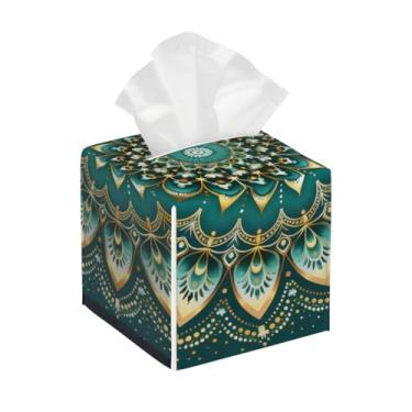 Imagem de Porta-lenços de papel quadrado de couro impermeável verde mandala étnica facial organizador de papel com cinto inferior cubo estojo de lenços para mesa banheiro escritório mesa carro decorativo