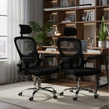 Imagem de Kit 2 Cadeiras Giratória Ergonômica Tela Mesh Rodinhas Cor Preta