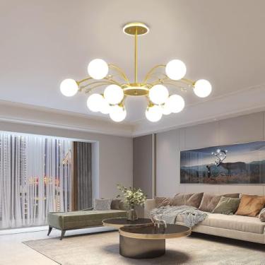 Imagem de Lustre Sputnik Dourado, Lustre Moderno de Meados do Século XX, Luminária de Teto com Decoração em Cristal, Luminária Pendente com Cúpula de Vidro Branco Leitoso para Sala de Estar, Cozinha,