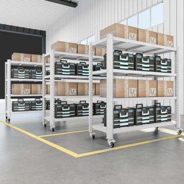 Imagem de Yadlan Prateleiras de garagem com rodas, prateleiras de armazenamento com rodas resistentes, 4 níveis ajustáveis organizar prateleiras de garagem para armazém, porão, oficina, despensa branca 152 cm L