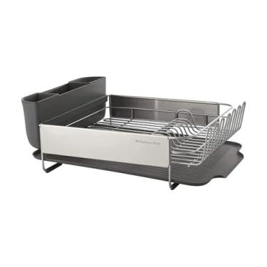 Imagem de KitchenAid Escorredor de pratos revestido de cetim resistente à ferrugem de grande capacidade, tamanho total, com suporte removível de talheres de 52 cm, cinza