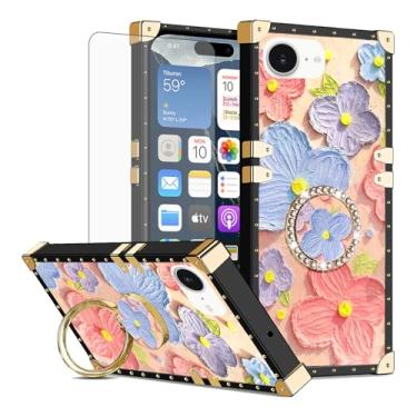 Imagem de Asuwish Capa de celular para iPhone 16e/SE 2025/SE 4 capa magnética com protetor de tela de vidro temperado e anel de flor de pintura suporte rígido i Phone16e i16e 16 e SE4 4ª geração 16eCase