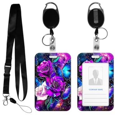 Imagem de HEAKIERG Porta-crachá feminino com carretel retrátil, etiquetas de identificação fofas, crachás de trabalho pesados, 11 x 6,9 cm, para enfermeiras, oficiais de segurança, cruzeiro, galáxia de flor