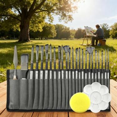 Imagem de Conjunto de pincéis profissionais para artistas: kit de pincéis portáteis para viagens - 24 pincéis para pintura acrílica, pintura a óleo, guache em aquarela - ideal para presente
