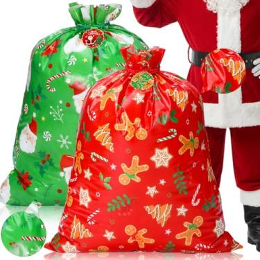 Imagem de Hillban 2 sacos de presente jumbo de Natal, 81 x 99 cm, tecido extra grande, resistente, reutilizável, saco de Papai Noel, vermelho e verde, gigante, com corda de cartão de etiqueta para embrulhar