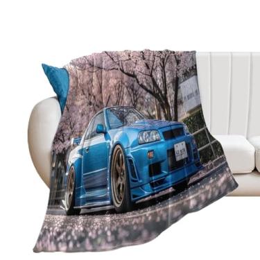 Imagem de HouLaiZhe Cobertor super macio de flanela azul JDM carro R35 flores de cerejeira cobertores refrescantes leves para sofá-cama cadeira sofá carro viagem ao ar livre leve quente 76 cm x 127 cm