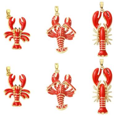 Imagem de UR URLIFEHALL 6 peças, 3 estilos, pingentes de lagosta esmaltados, de latão, pingentes de lagosta vermelha, berloques fofos de animais do oceano para fazer pulseiras faça você mesmo, colar de joias