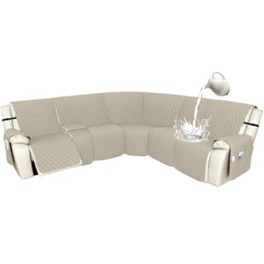 Imagem de Arfntevss Capas para sofá reclináveis 1OO% à prova d'água, em forma de L, capa de sofá reclinável em forma de L, protetor de canto lavável para cães (5 lugares com 1 console, cáqui claro)