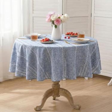 Imagem de Horaldaily Toalha de mesa redonda de linho de algodão azul 152 cm x 152 cm, estilo fazenda, lavável e resistente a rugas, capa de mesa bordada com bainha para casa