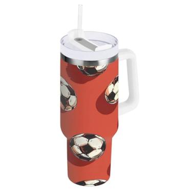 Imagem de STAYTOP Copo de futebol colorido de 850 g com tampa e canudo, à prova de vazamento, copo isolado de aço inoxidável durável com alça, garrafas de água à prova de derramamento para viagens