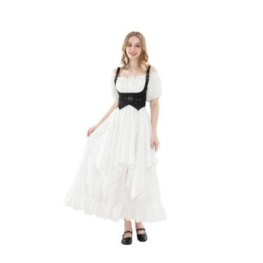 Imagem de Nuoqi Vestido Renascentista feminino tomara que caia Ren Faire fantasia medieval vestido espartilho de fada, Branco e preto #1587, GG