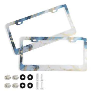 Imagem de CEBUGI Pacote com 2 molduras de placa de carro de alumínio capas de moldura de placa de carro com 2 furos fundo mármore acessórios automotivos para placas dianteiras e traseiras orifício elíptico