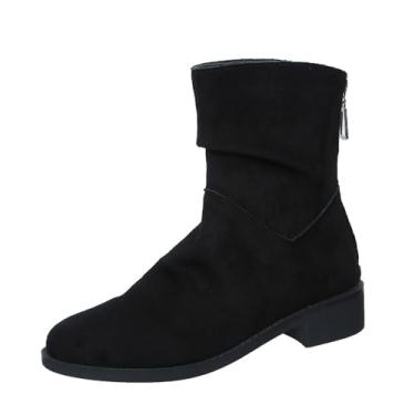 Imagem de Unifizz Botas femininas de cano curto de largura larga - Botas curtas pretas e marrons com bloco de salto baixo nas costas com zíper., Preto, 35