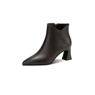 Imagem de TinaCus Bota feminina com corte em V em couro legítimo, feita à mão, bico fino, salto carretel, botas curtas, Marrom, 38