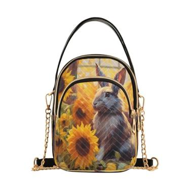 Imagem de CEBUGI Bolsa tiracolo feminina clutch bolsa de telefone coelho girassóis elegante bolsa de ombro com alça de corrente removível