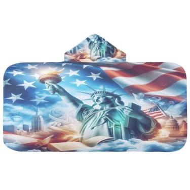 Imagem de Burbuja Estátua da Liberdade Bandeira Toalha de Banho com Capuz para Crianças, Toalha de Praia de Pelúcia Absorvente Macia para Meninas Meninos Chuveiro 3-10 anos, 61 x 127 cm