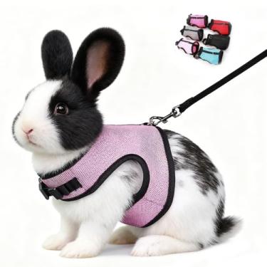 Imagem de Peitoral de coelho e coleira à prova de fuga, colete de malha macia com fivela ajustável para furão, porquinho-da-índia, hamster, caminhar, animais pequenos, rato, rosa, G